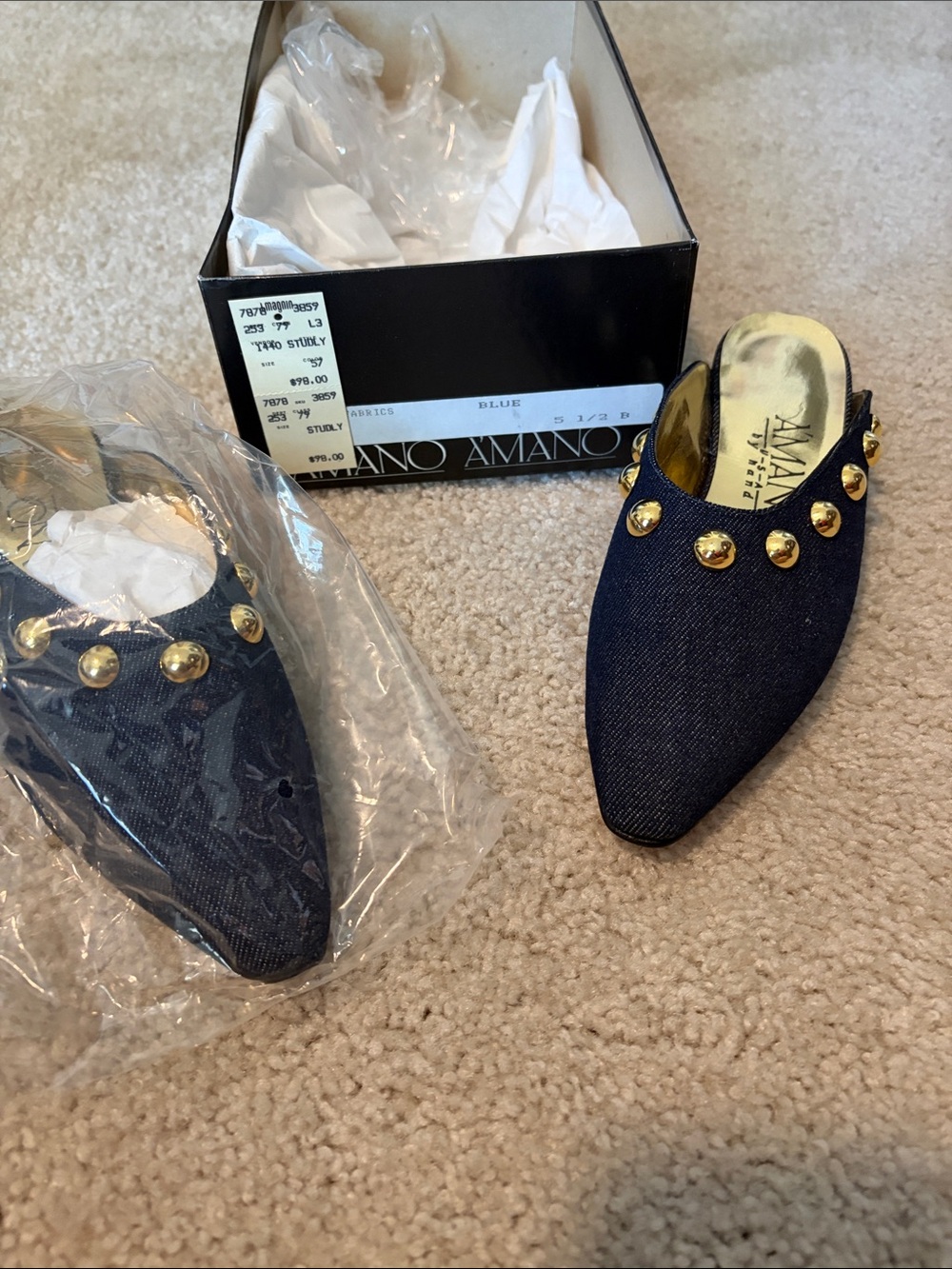 Alviero Martini Navy Denim Pointed Mules with Gold Studs